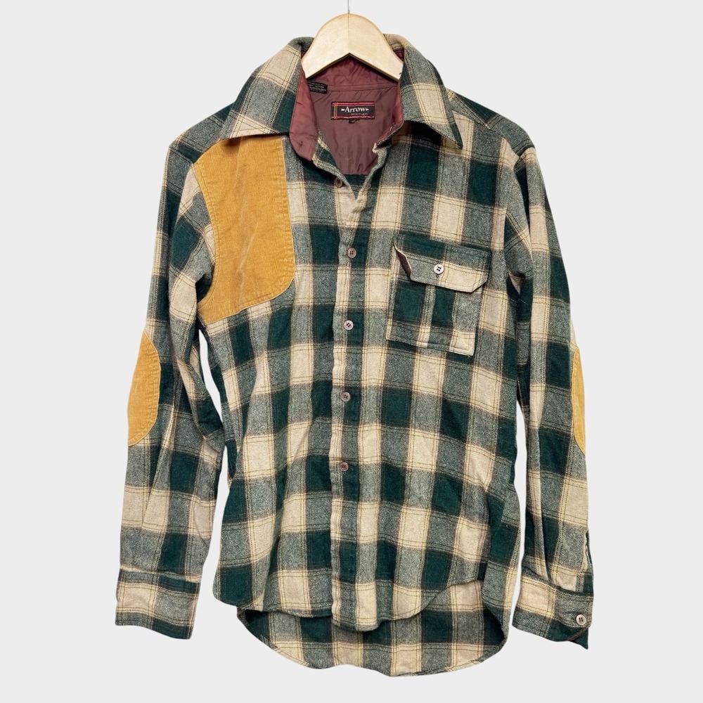 Arrow Flannel Button Up Shirt Green Wool 80s Patchwork Elbow Patches Corduroy S